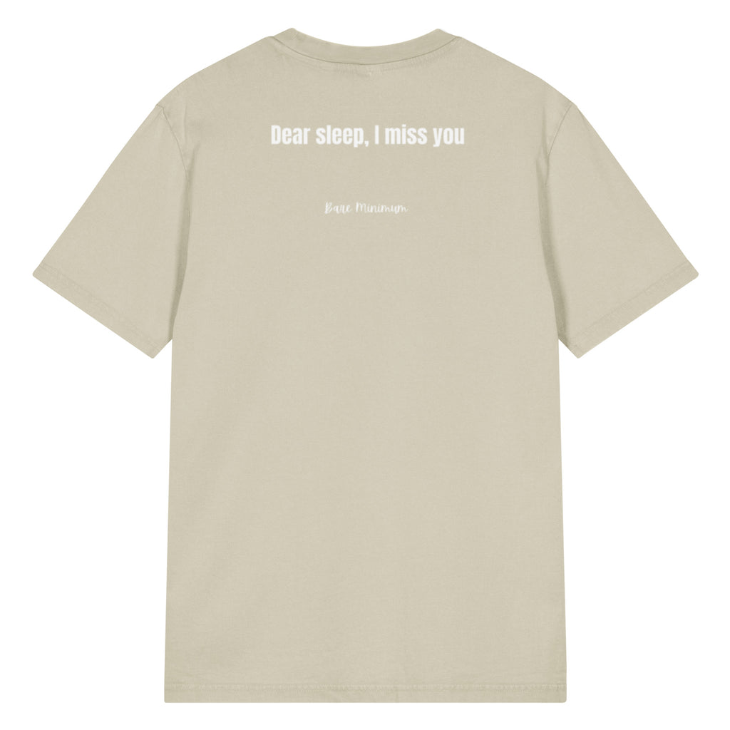 Beige t-shirt with text on the back on a white background