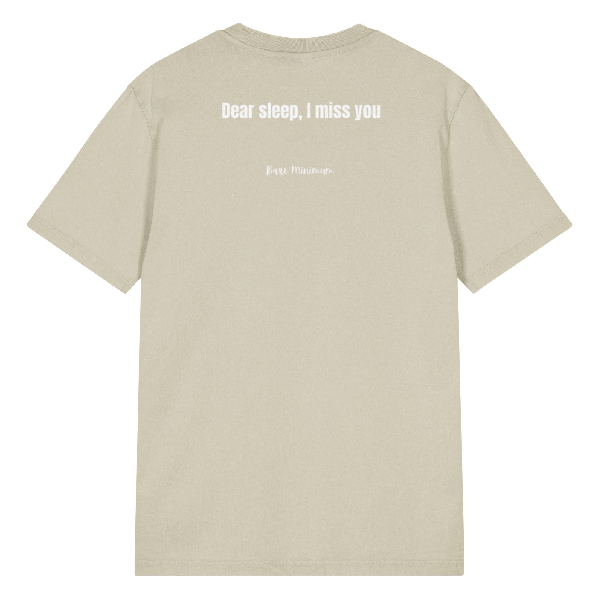 Beige t-shirt with text on the back on a white background