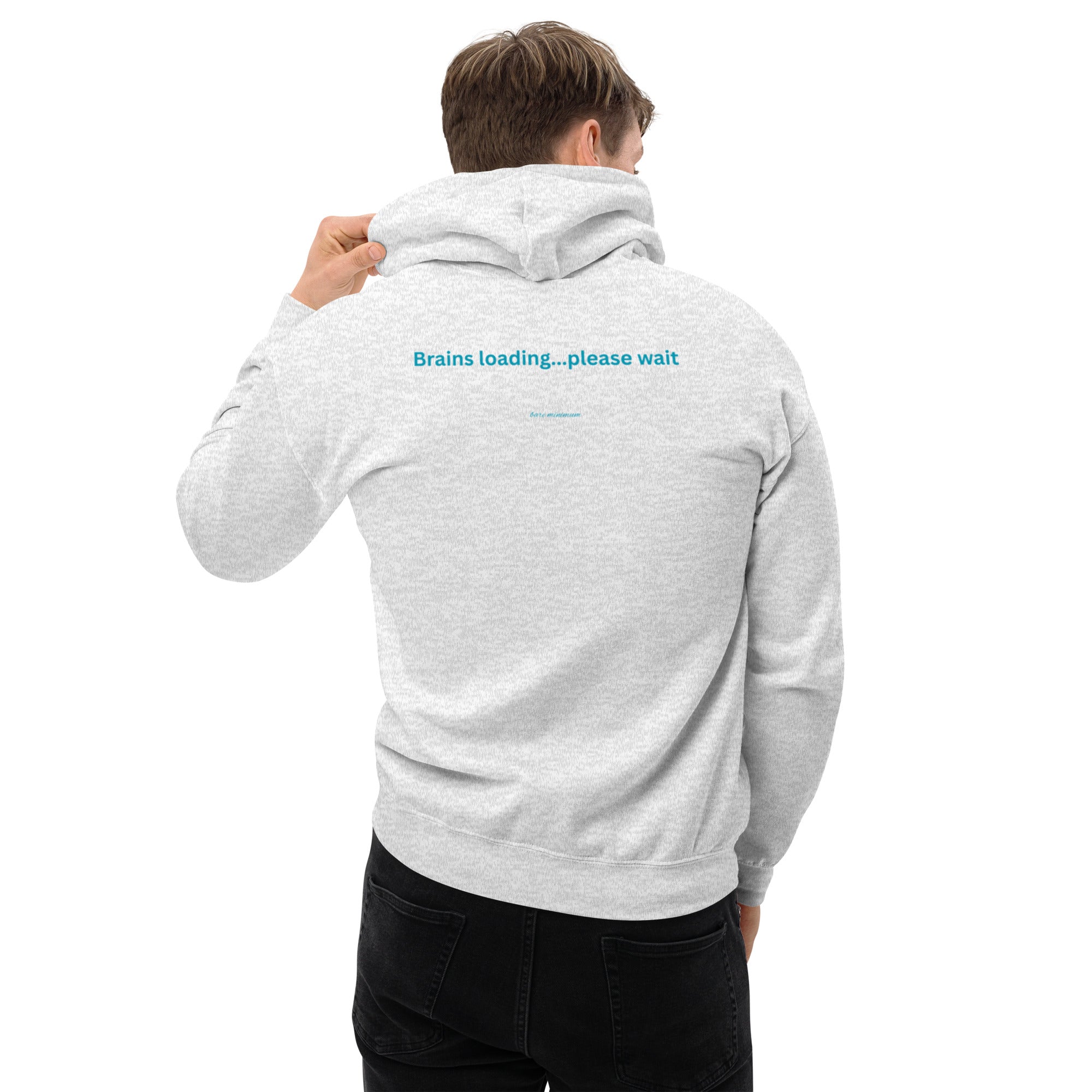 Person wearing a gray hoodie with text on the back, standing against a white background