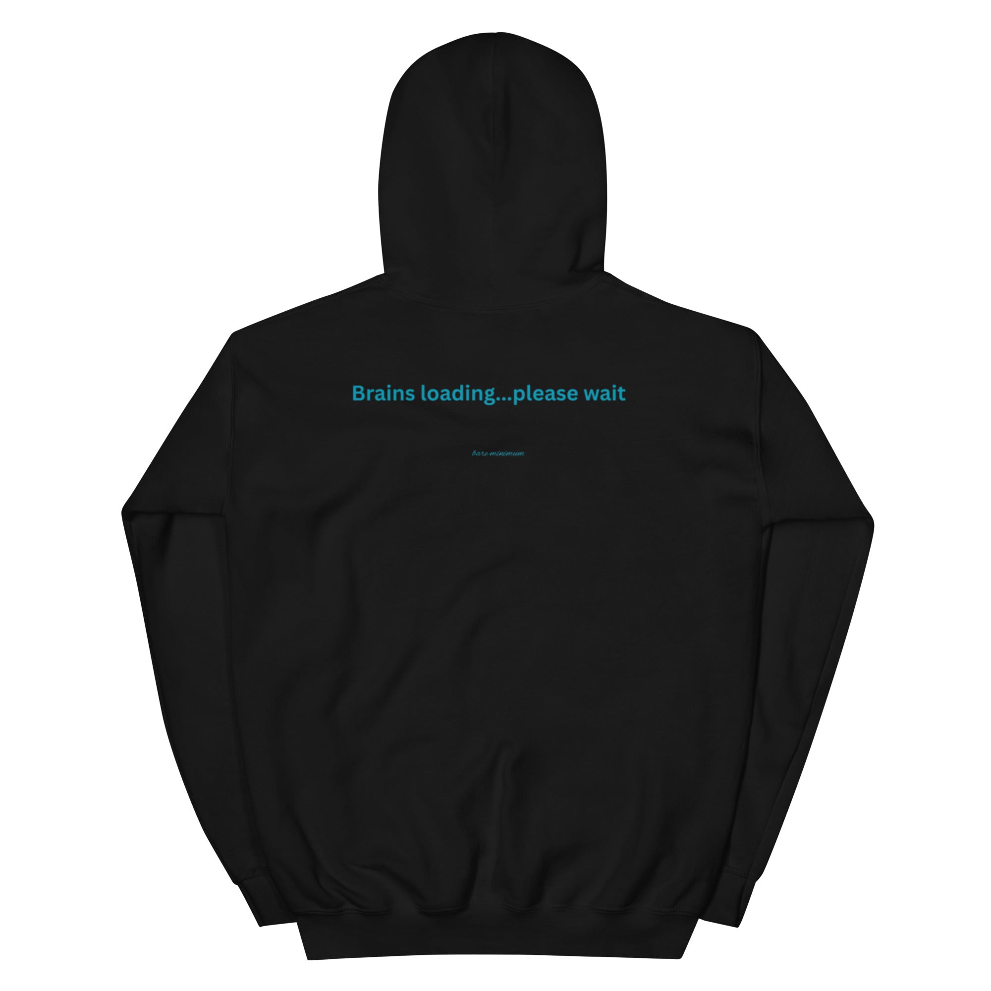 Black hoodie with a logo and text on the back against a white background