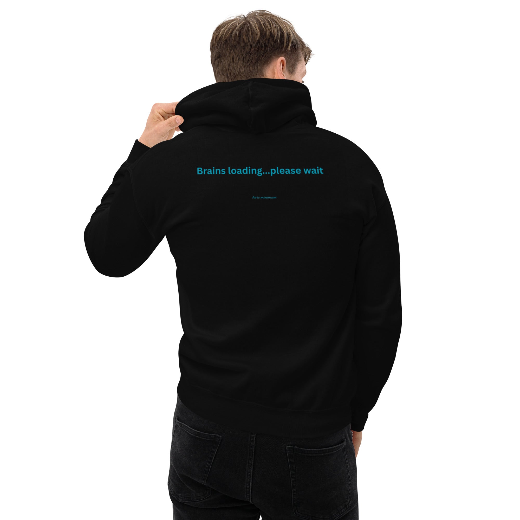 Person wearing a navy hoodie with a graphic design on the back, standing against a white background