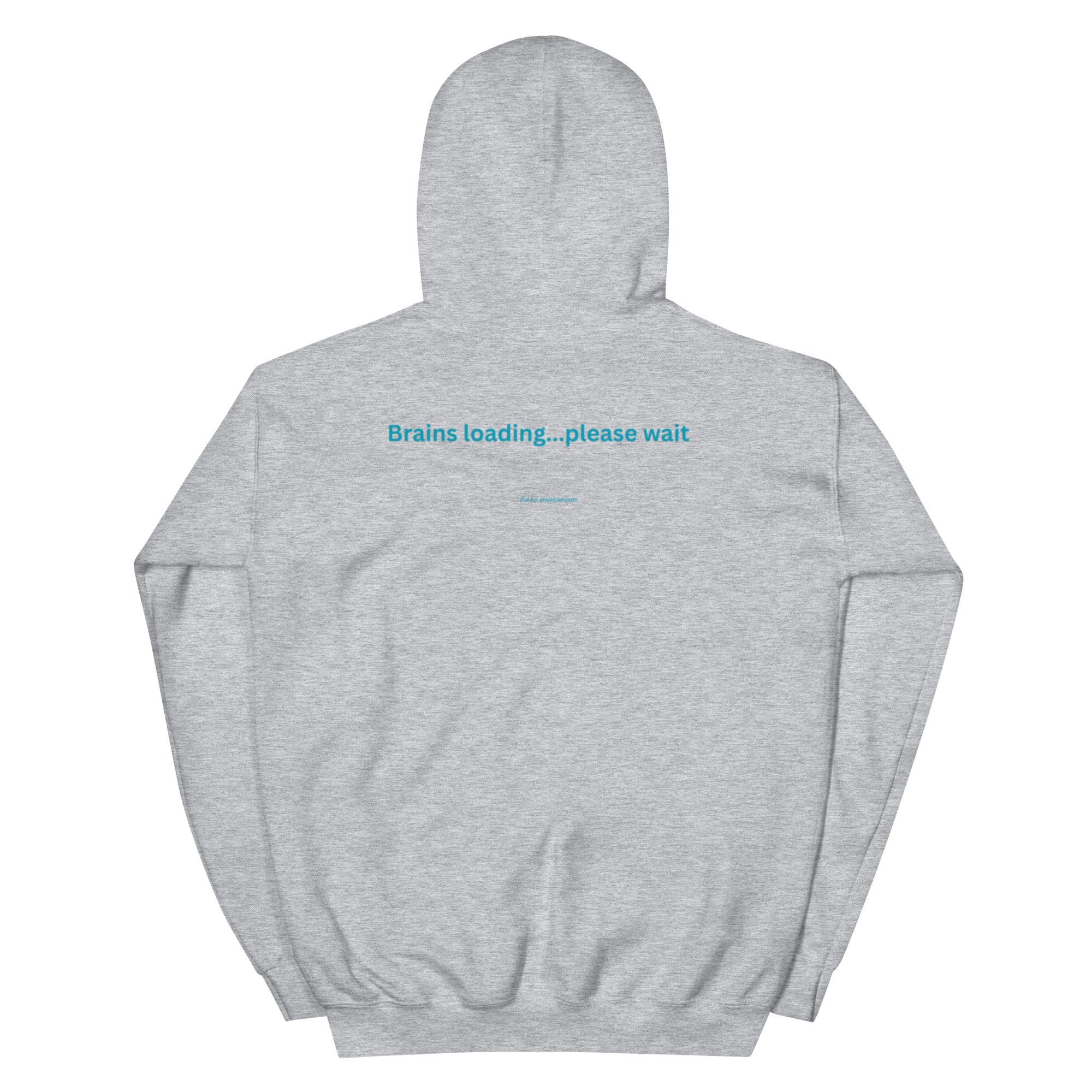 Gray hoodie with blue text on a white background