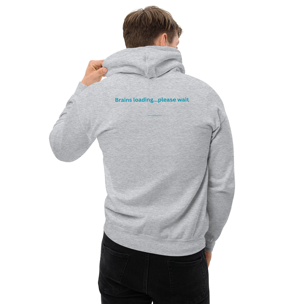 Person wearing a gray hoodie from behind on a white background