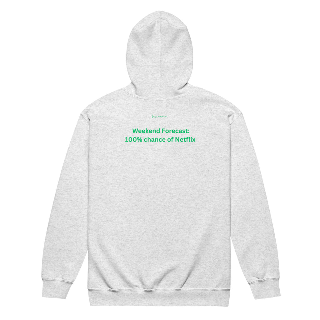 Gray hoodie with green text on a white background