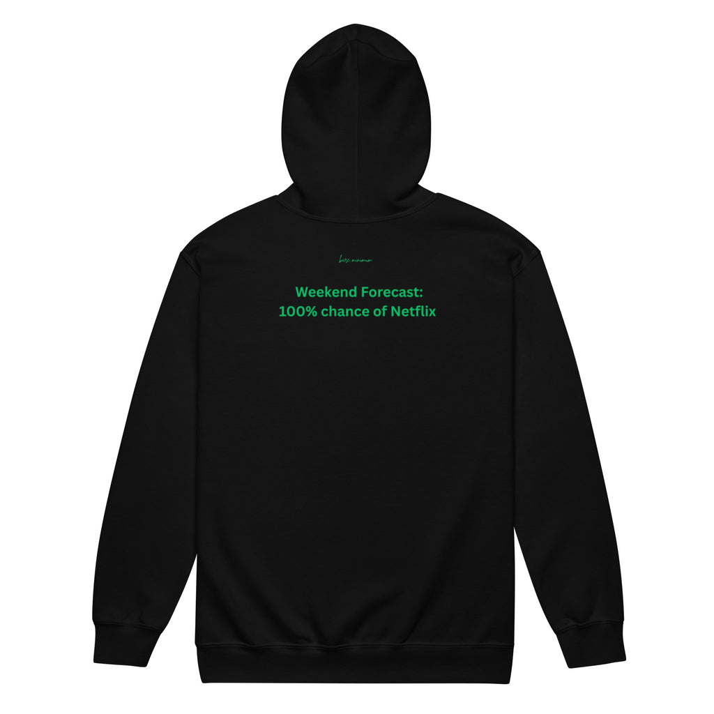 Black hoodie with green text on the back on a white background