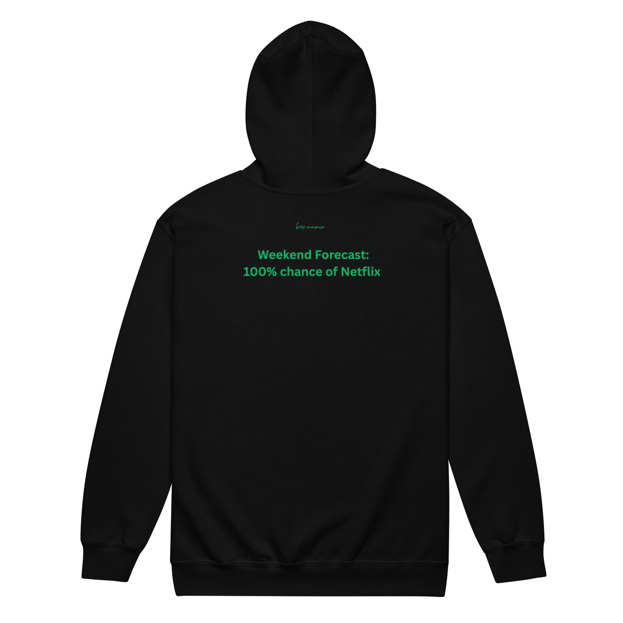Black hoodie with green text on the back on a white background