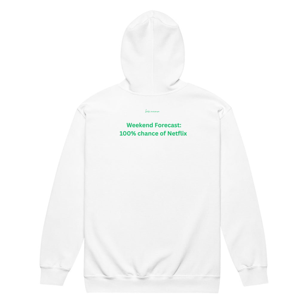 White hoodie with green text on a white background