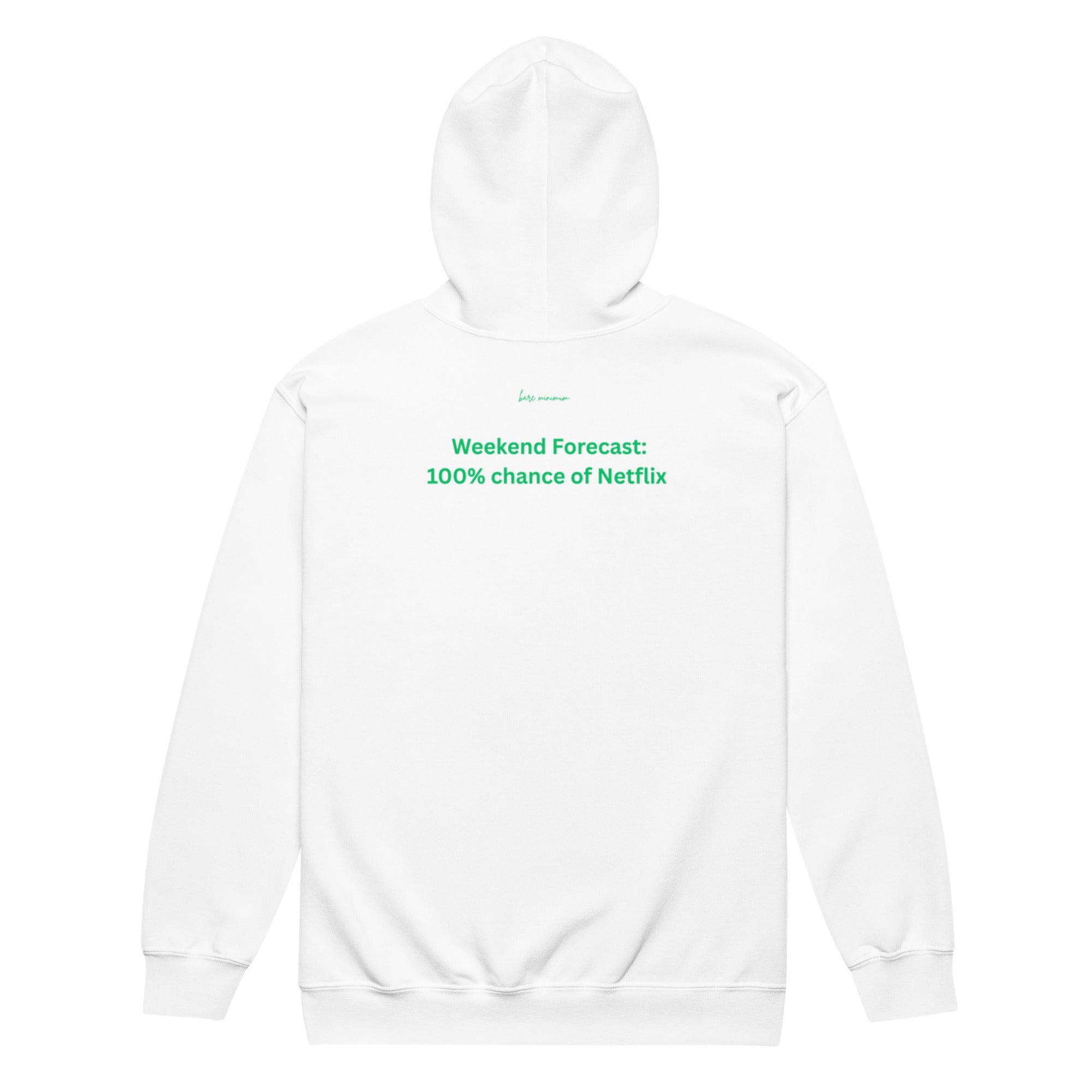 White hoodie with green text on a white background