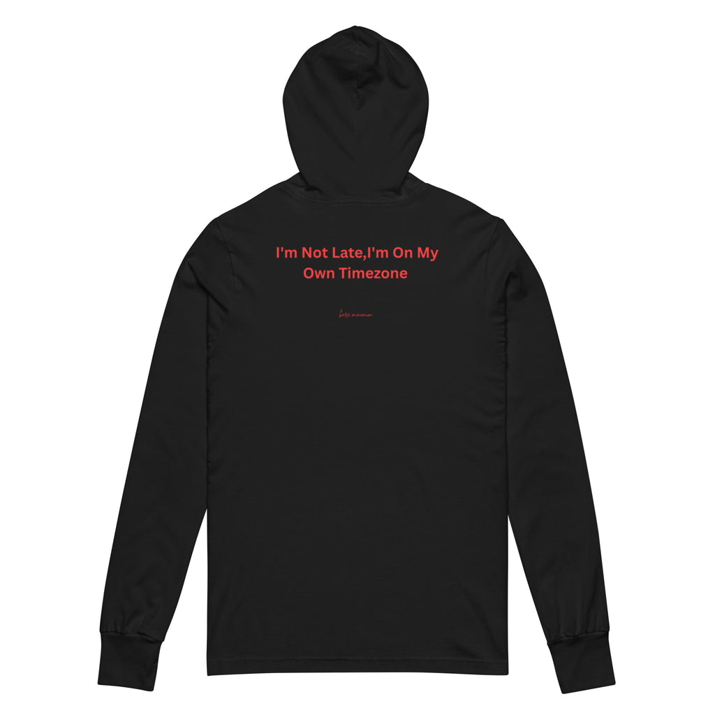 Black hoodie with red text on the back on a white background