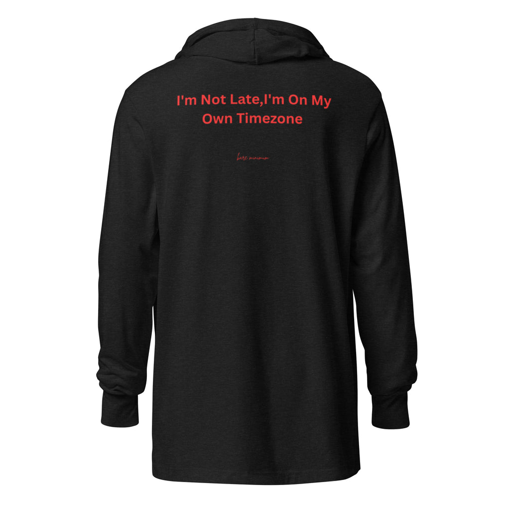 Black hoodie with red text on the back on a white background