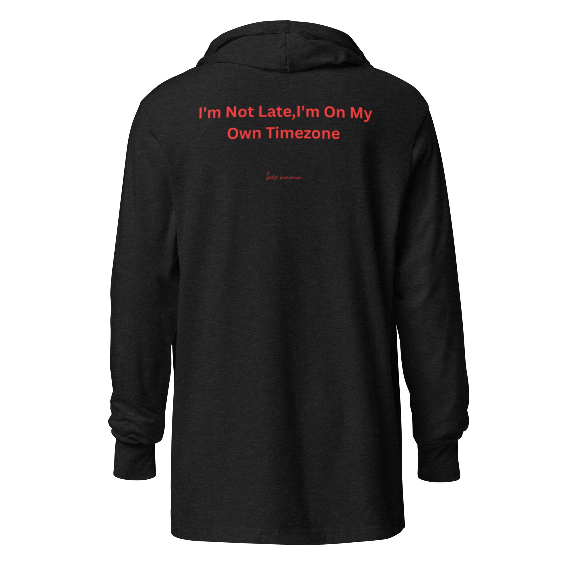 Black hoodie with red text on the back on a white background