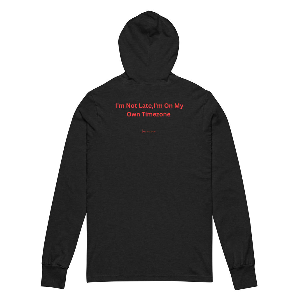 Black hoodie with red text on a white background