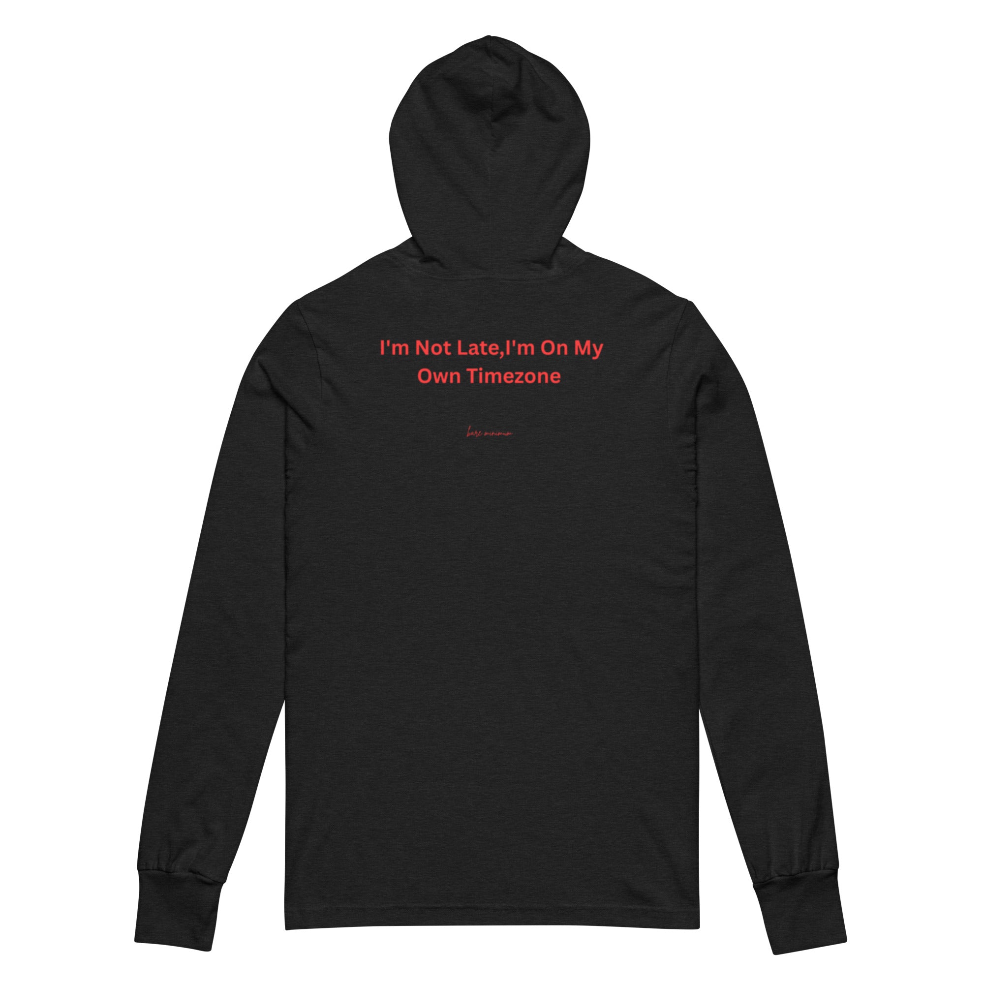 Black hoodie with red text on a white background
