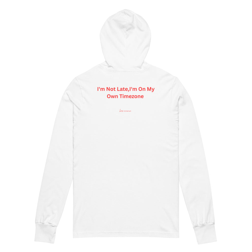 White hoodie with red text on a white background