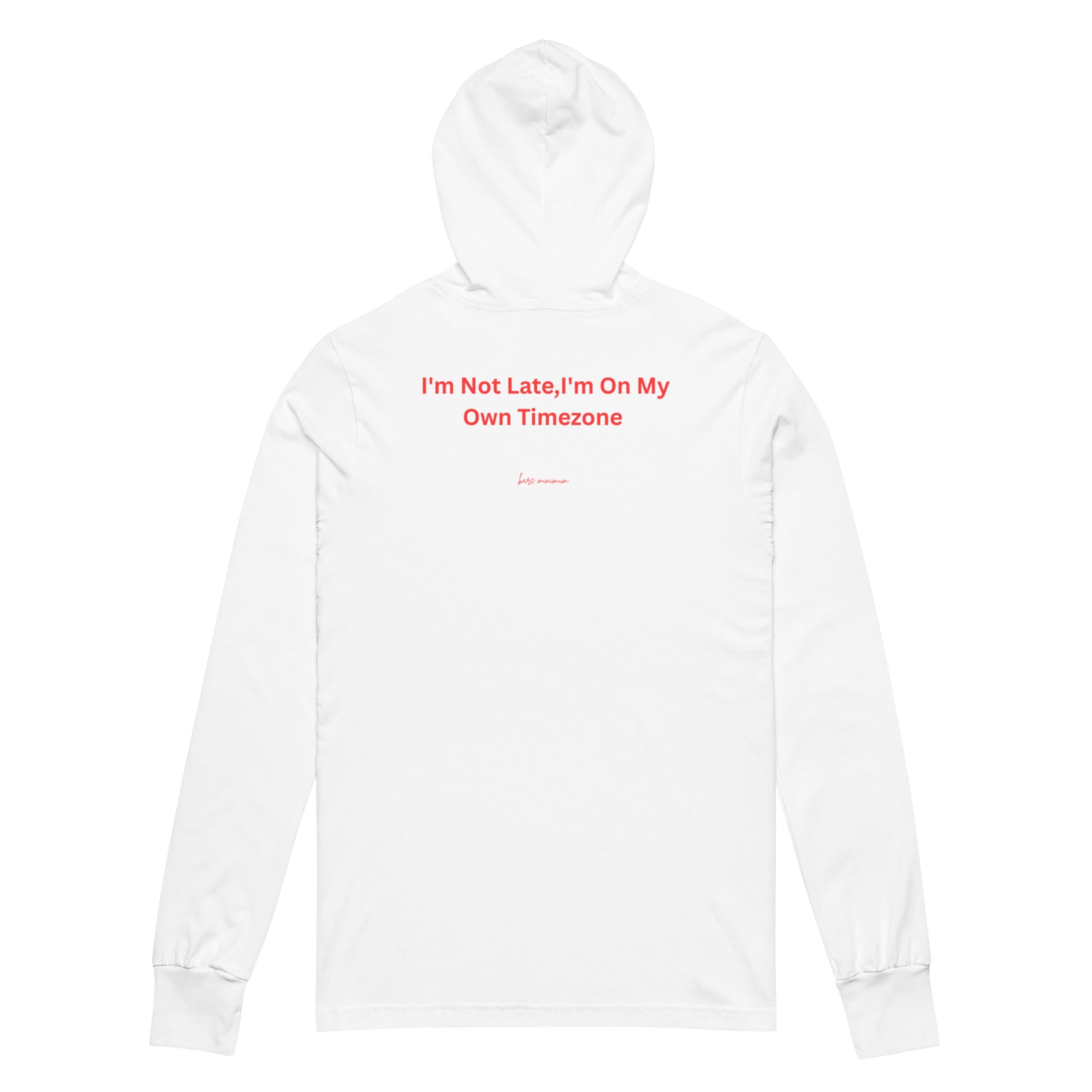White hoodie with red text on a white background