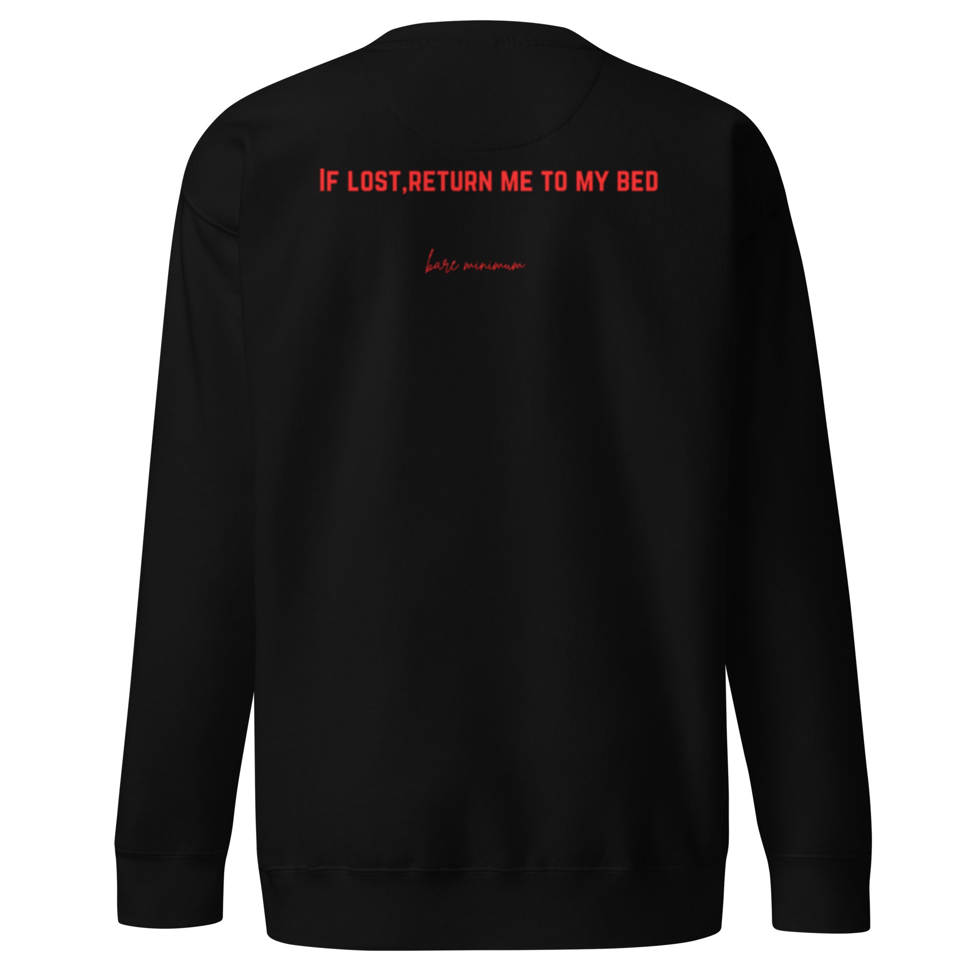 Black sweatshirt with red text on the back against a white background
