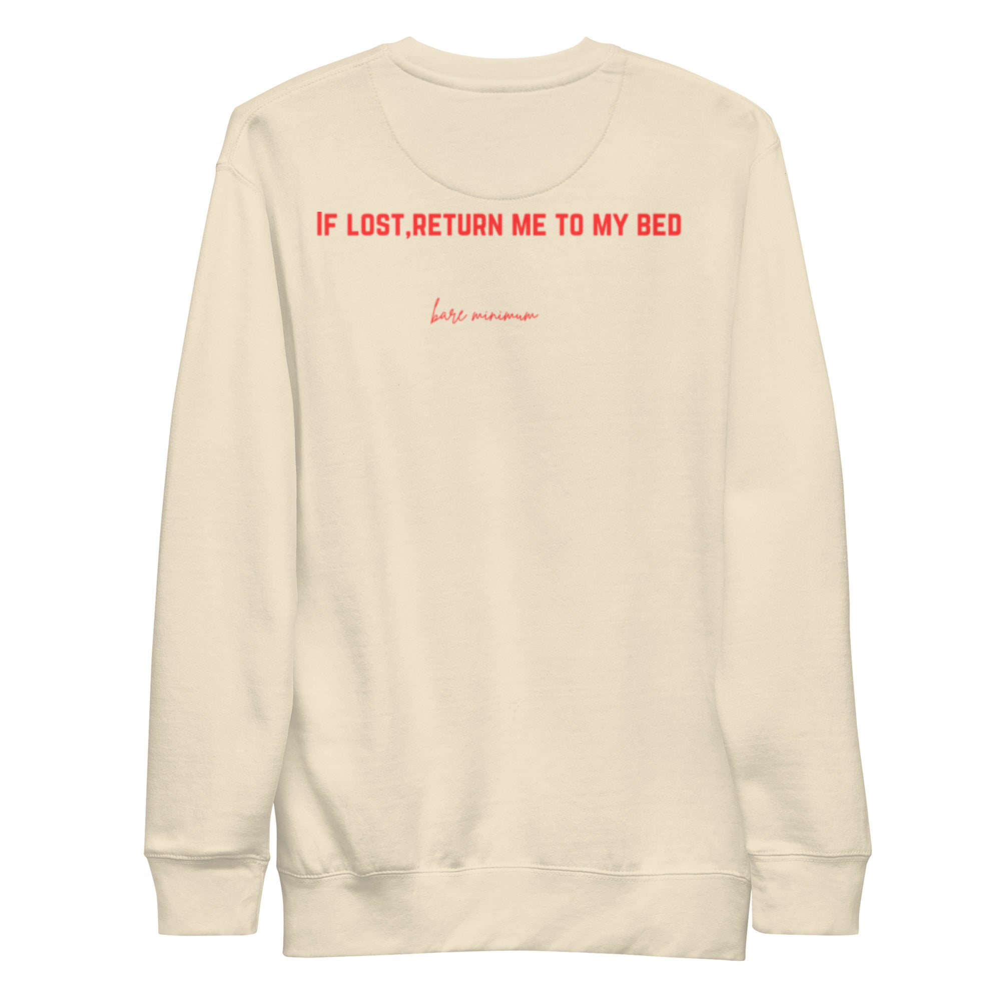 Beige sweatshirt with red text on a white background