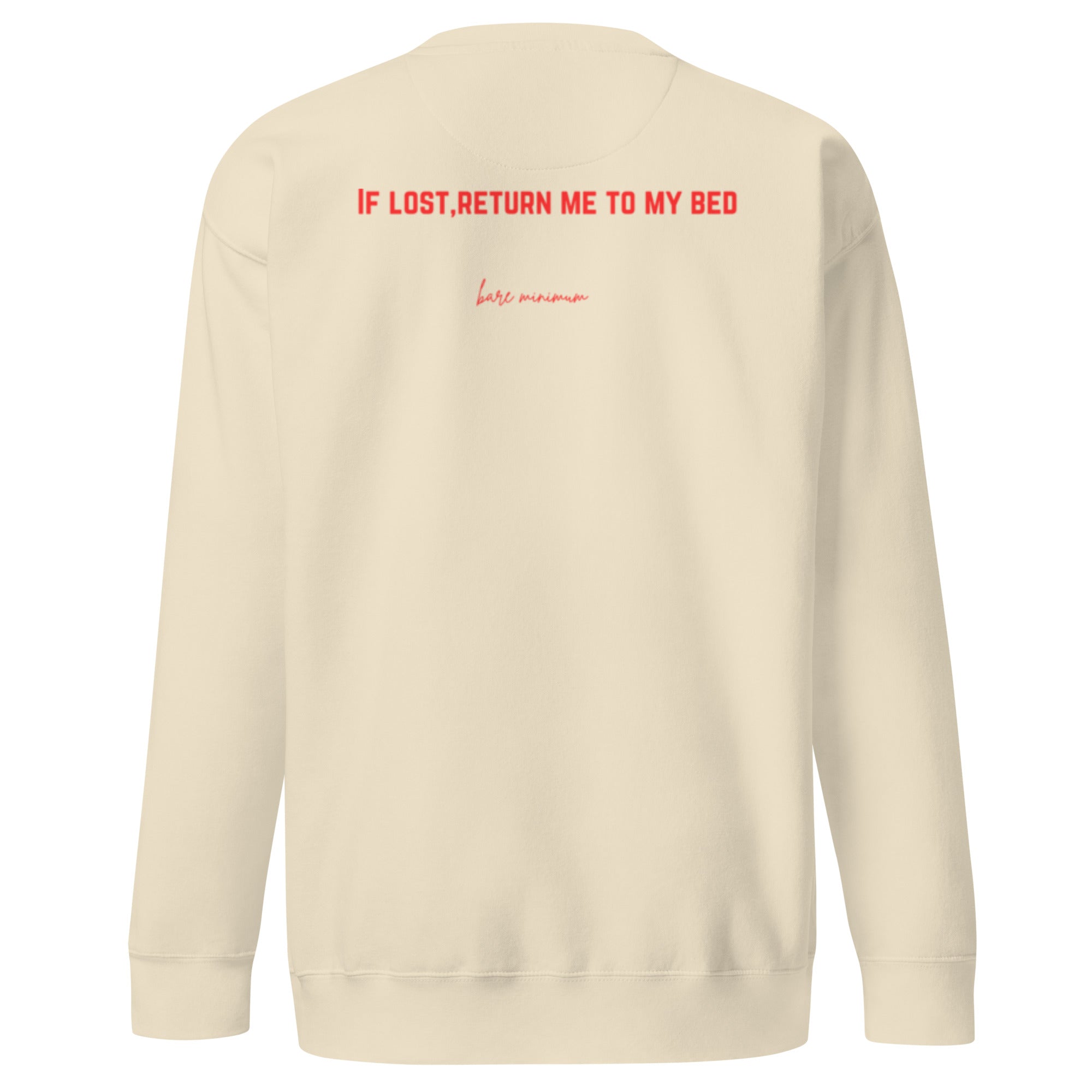 Beige sweatshirt with red text on the back on a white background