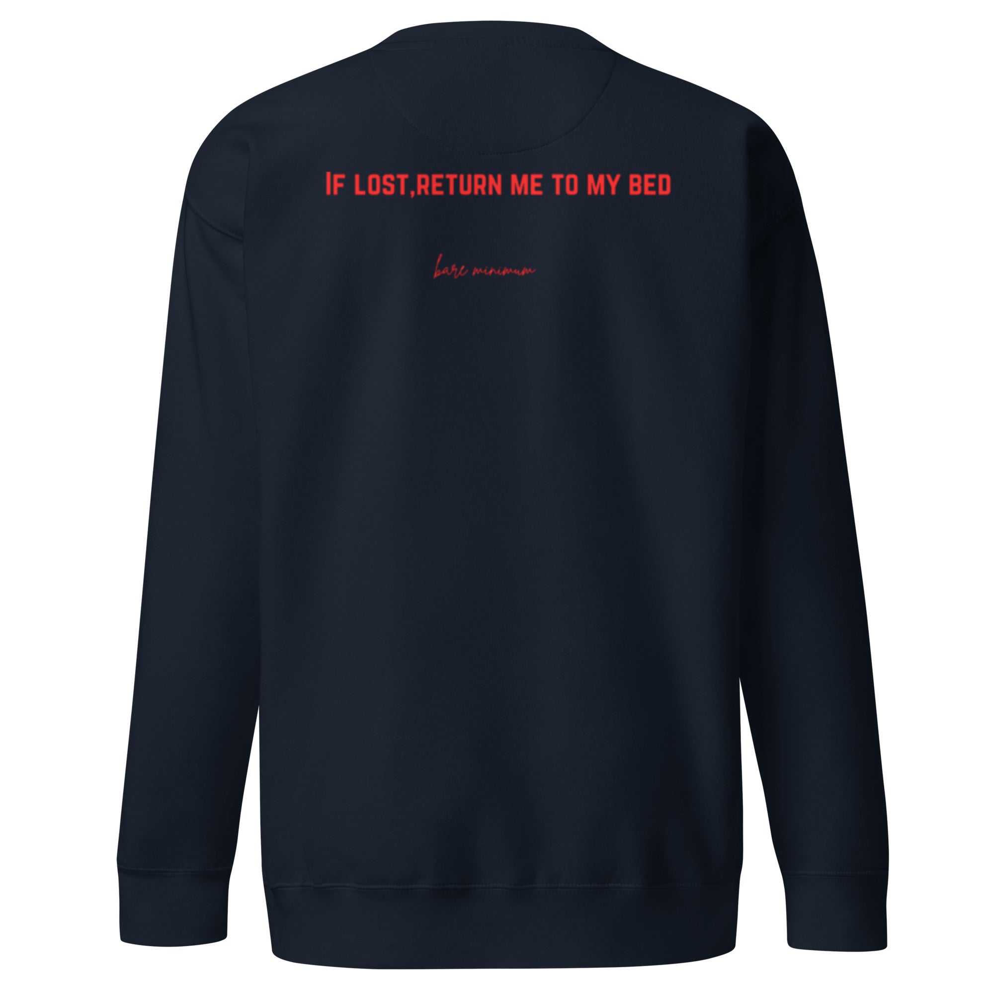 Black sweatshirt with red text on the back against a white background